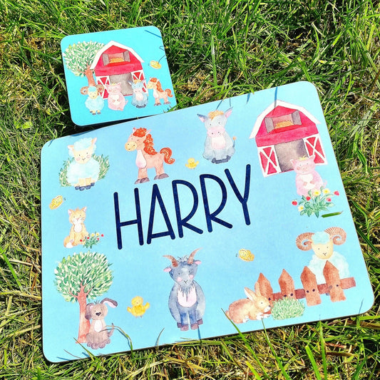 Personalised Farm Animal Placemat and Coaster Set for Kids