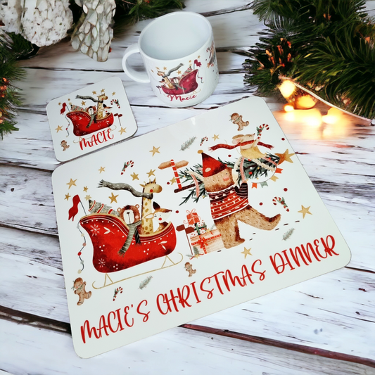 childrens christmas placemat and coaster set dining set, christmas decor, hot chocolate mug for kids