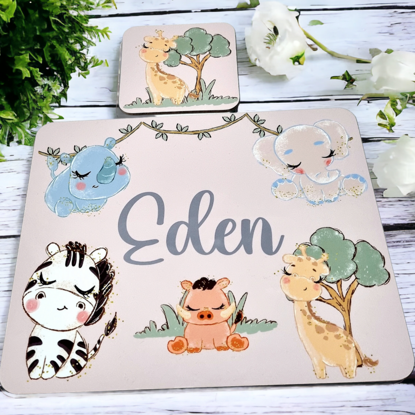 Personalised Safari Animal Placemat and Coaster Set for Girls