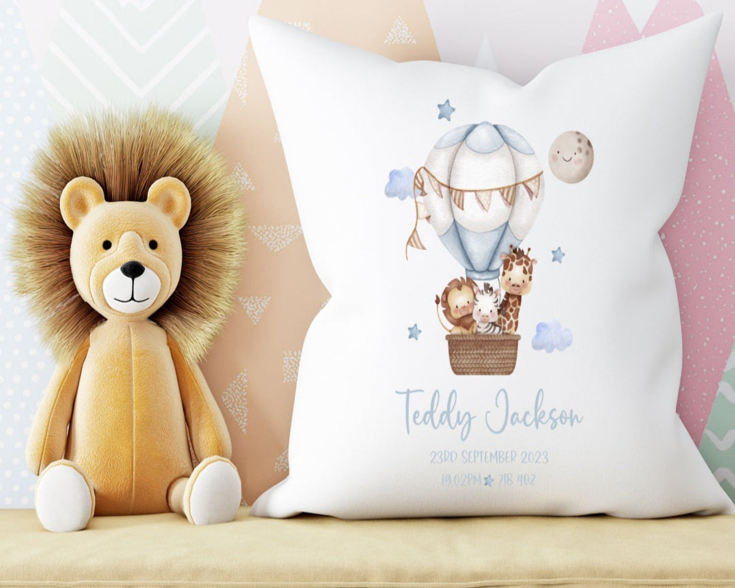 Hot air balloon baby cushion, Baby girl boy newborn gift, Safari nursery decor, Personalised baby gift