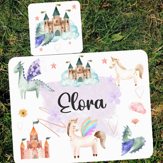 Personalised Unicorn and Dragon Placemat and Coaster Set for Girls