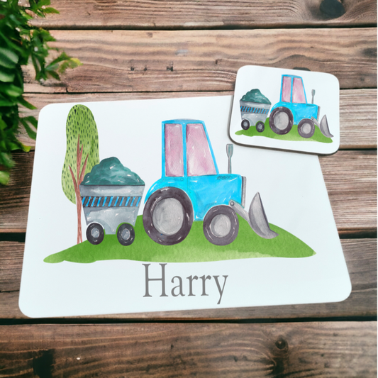 Tractor placemat and coaster set for kids, Boys birthday gift ideas, Personalised children's dinner mat, Tractor farm theme