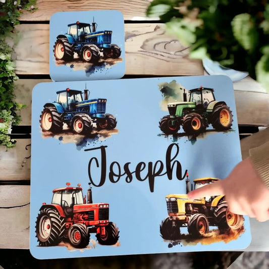 Personalised Tractor Placemat and Coaster Set for Boys