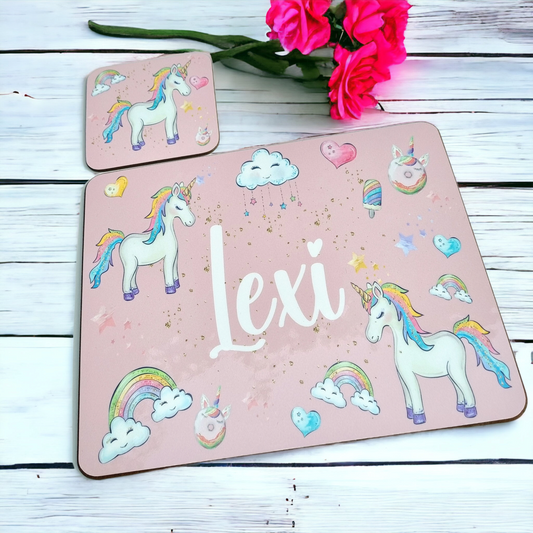Personalised Unicorn Placemat and Coaster Set for Girls
