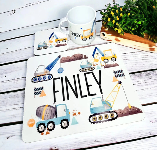 Personalised Construction Placemat and Coaster Set for Kids