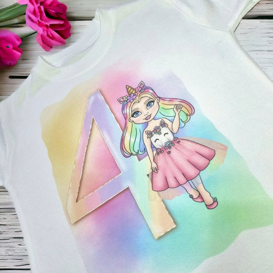 Personalised Girls Dolly Birthday T-Shirt, customisable with eye, hair colour, and skin tone, along with child's name and age, made from soft polyester-cotton blend, printed with safe inks.