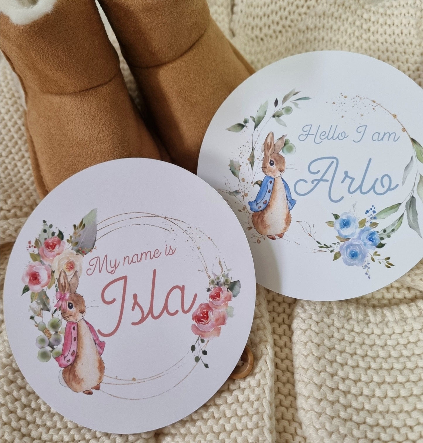 Baby name announcement sign, Hello world disc, Peter Rabbit pregnancy reveal, new born photo props