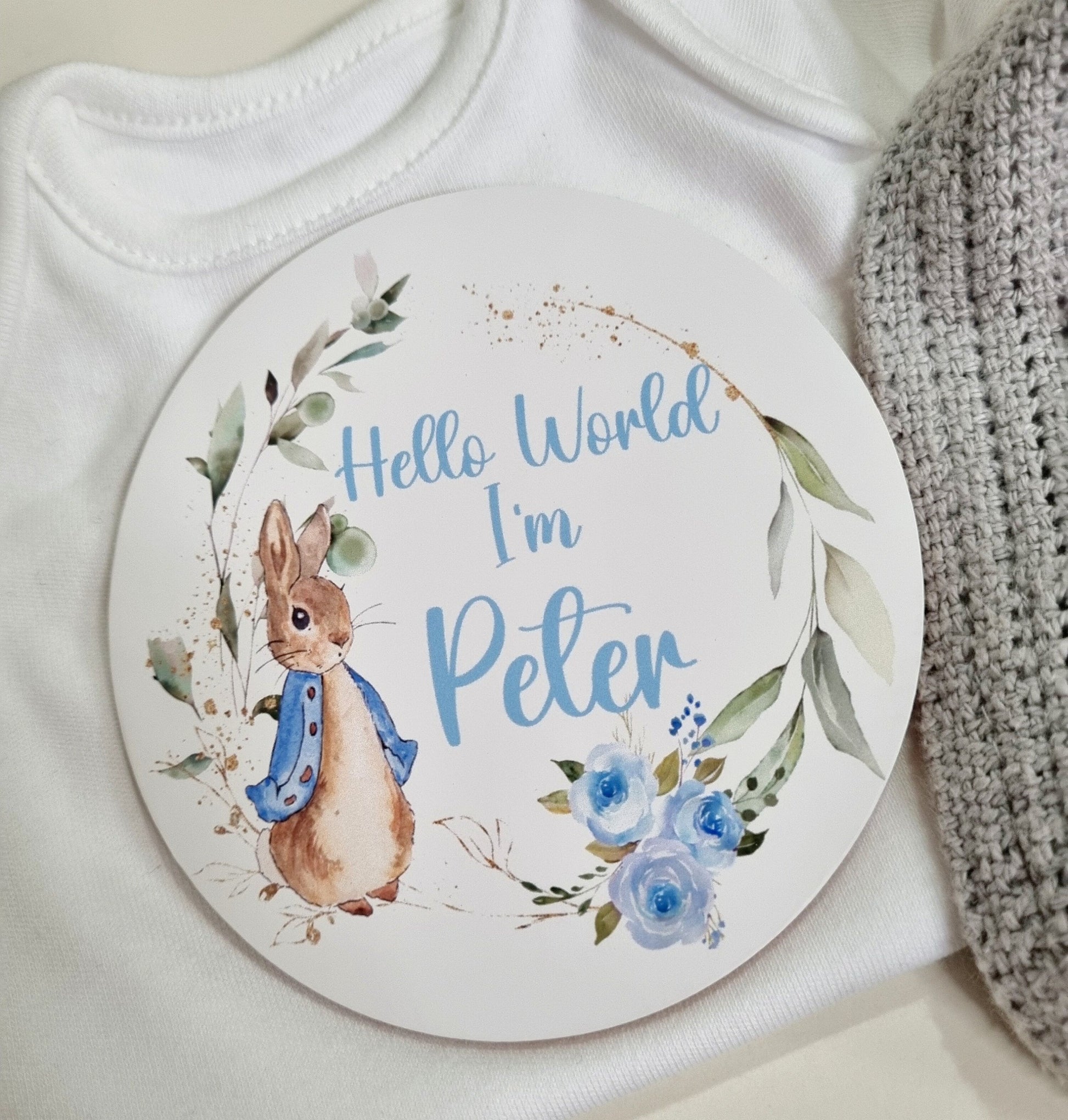 Baby name announcement sign, Hello world disc, Peter Rabbit pregnancy reveal, new born photo props