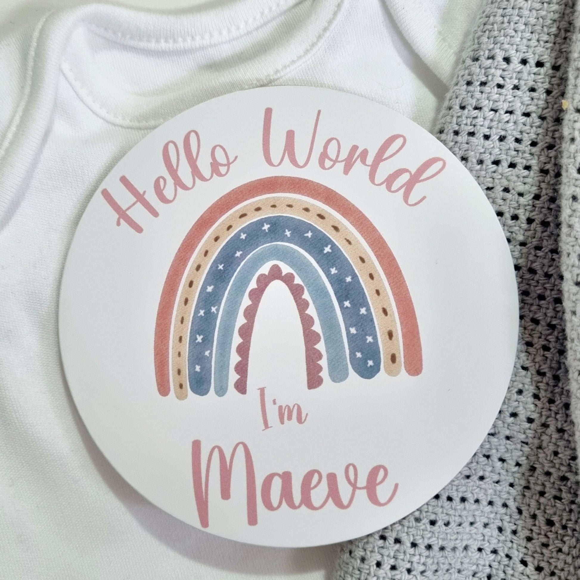 "Hello World" disc,hello world plaque,Birth announcement photo prop,Hello my name is,hospital bag,Baby name plaque,milestone disc,Rainbow baby