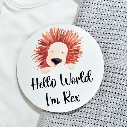A lion hello world baby announcement disc, a lovely little photo prop to use for your photos with your new little bundle of joy!