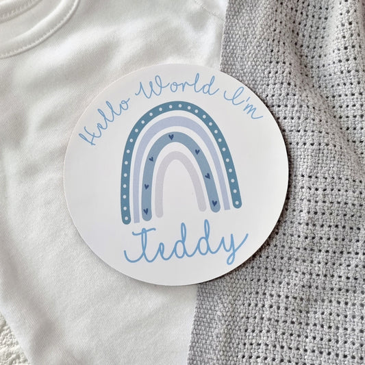 Baby boy name announcement sign, Blue Rainbow, Hello world disc, pregnancy reveal, new born photo props